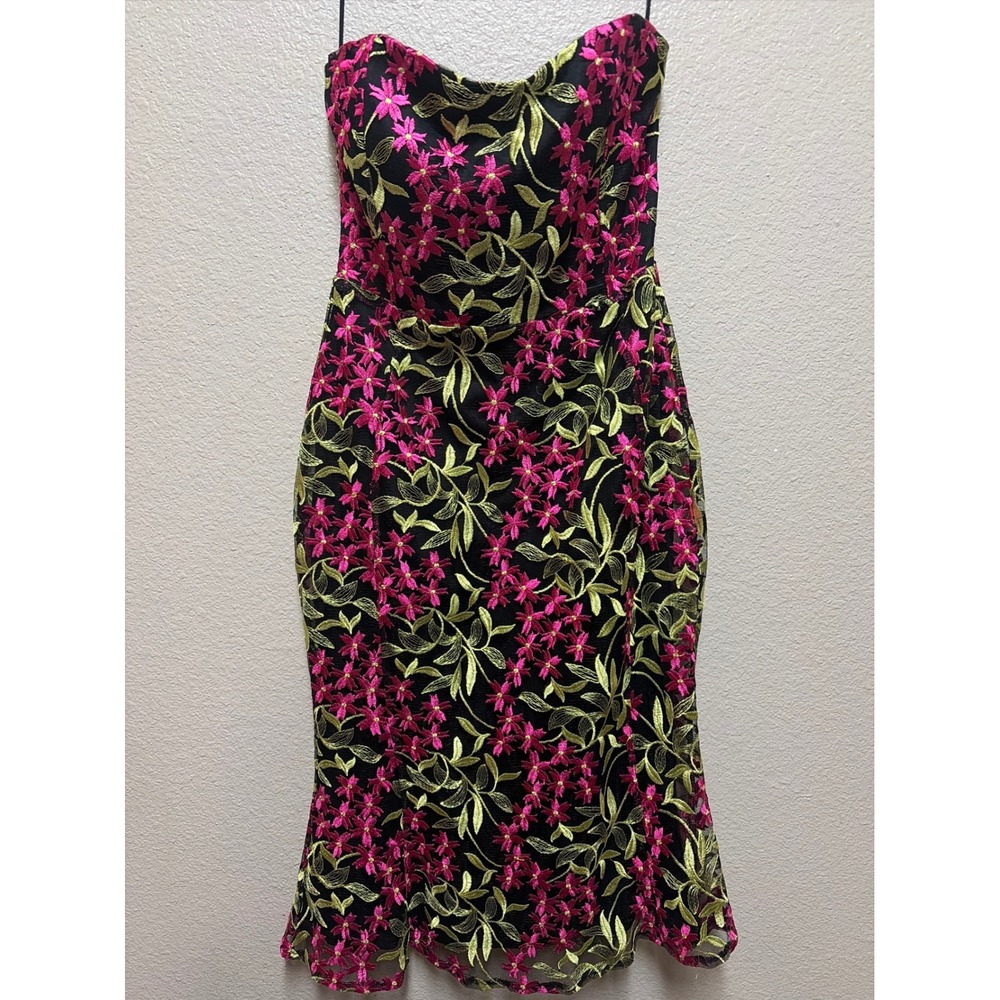 Fate Strapless Floral Embroidered Midi Dress Black Pink Green Sweetheart Size M